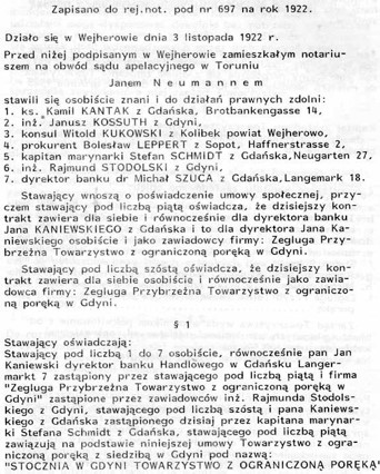 Akt notarialny powstania Stoczni w Gdyni