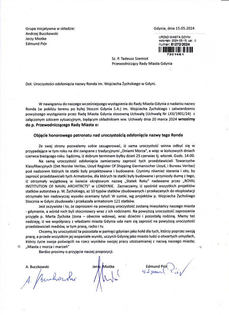 Kopia pisma, z którym grupa inicjatywna wystąpiła do Przewodniczącego Rady Miasta o objęcie honorowego Patronatu nad uroczystością odsłonięcia nazwy ronda imieniem Wojciecha Żychskiego